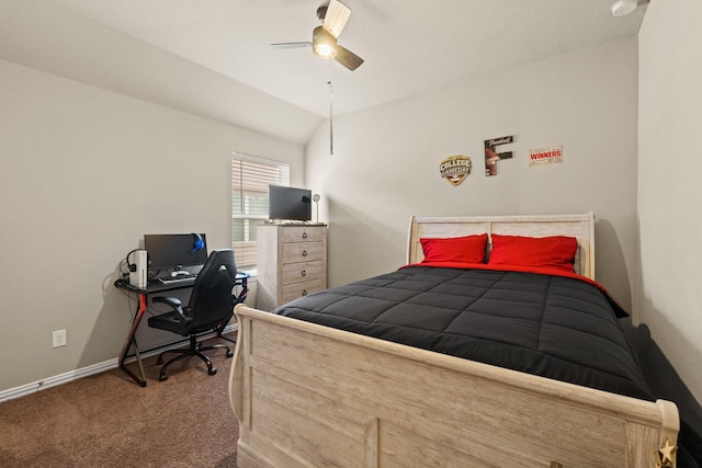 bedroom featuring ceiling fan, vaulted ceiling, and carpet