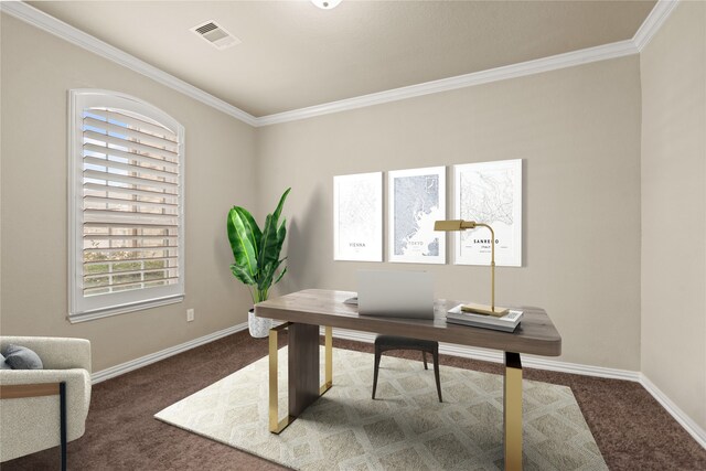 carpeted home office with crown molding