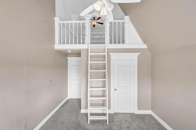 staircase featuring carpet flooring and ceiling fan