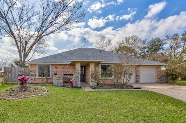 single story home with a garage and a front yard