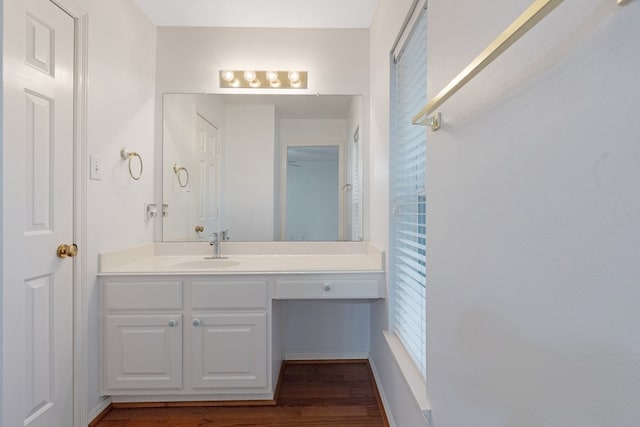 bathroom with hardwood / wood-style flooring and vanity