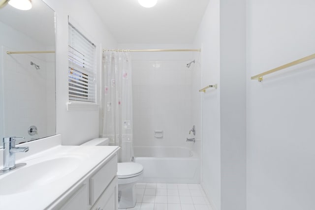 full bathroom with shower / bath combination with curtain, tile patterned floors, vanity, and toilet