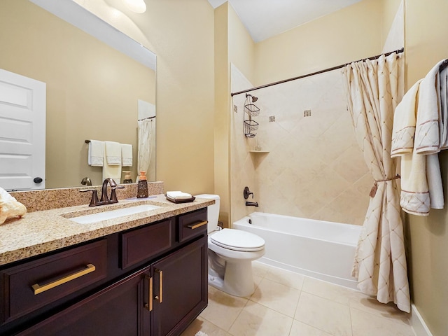 full bathroom featuring tile patterned flooring, shower / tub combo, vanity, and toilet