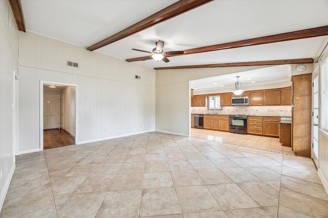 unfurnished living room featuring light tile patterned flooring, ceiling fan, sink, and lofted ceiling with beams