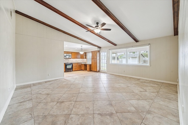 unfurnished living room featuring lofted ceiling with beams, ceiling fan, and light tile patterned flooring