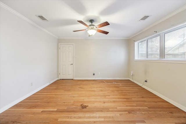 unfurnished room featuring crown molding, ceiling fan, and light hardwood / wood-style floors