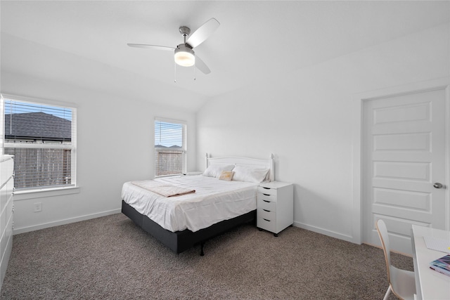 bedroom featuring ceiling fan, lofted ceiling, and dark carpet