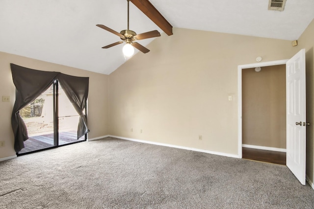 empty room with vaulted ceiling with beams, ceiling fan, and carpet flooring