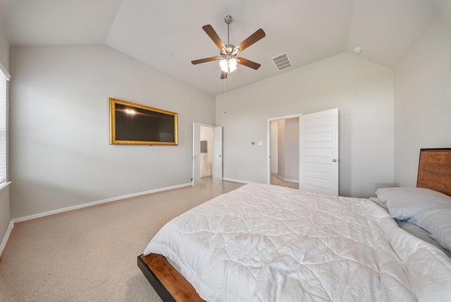 carpeted bedroom featuring vaulted ceiling and ceiling fan