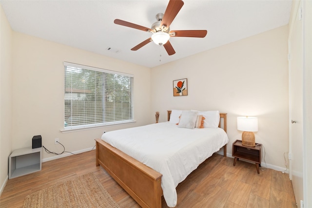 bedroom with ceiling fan and light hardwood / wood-style floors