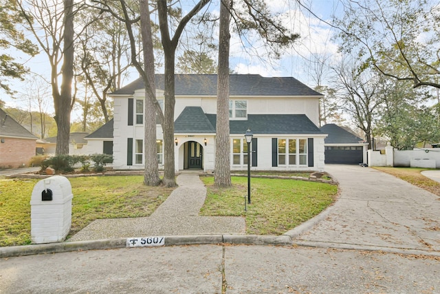 view of front of property featuring a garage and a front yard