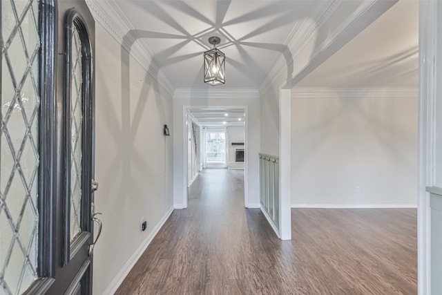 entryway with hardwood / wood-style flooring and ornamental molding