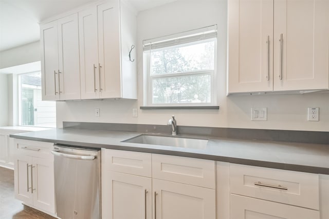 kitchen featuring sink, stainless steel dishwasher, and white cabinets