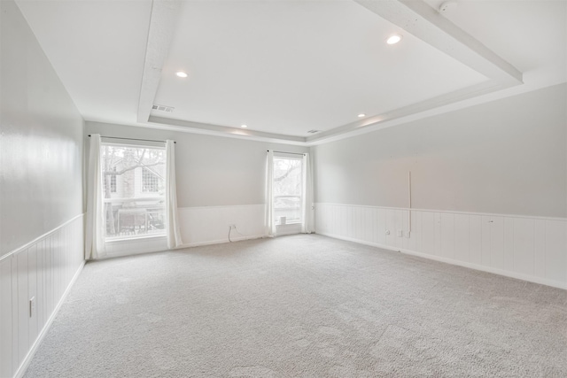 spare room featuring light colored carpet and a tray ceiling