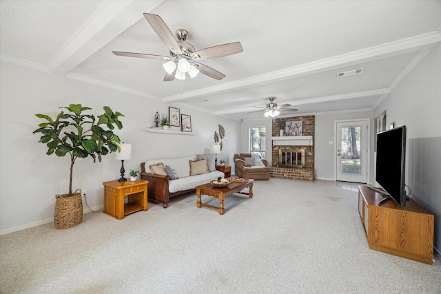 carpeted living room featuring crown molding, beam ceiling, visible vents, and a fireplace