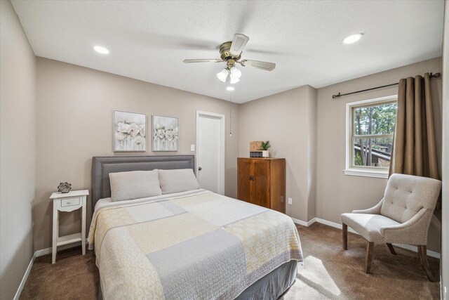 carpeted bedroom with a ceiling fan, recessed lighting, and baseboards