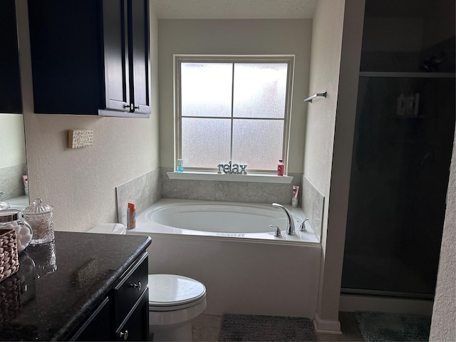 full bathroom featuring vanity, toilet, and separate shower and tub