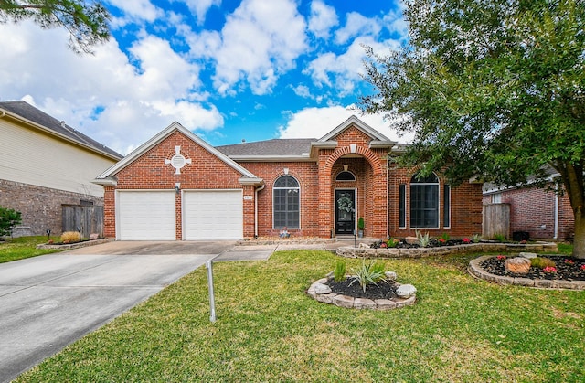 view of front of property featuring a garage and a front lawn