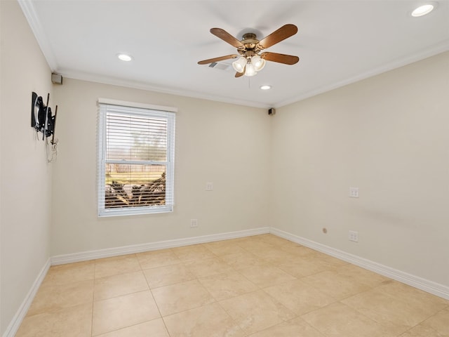 empty room with ornamental molding, light tile patterned floors, and ceiling fan