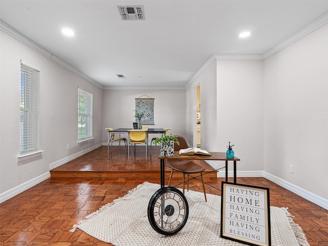 office with baseboards, visible vents, ornamental molding, and recessed lighting