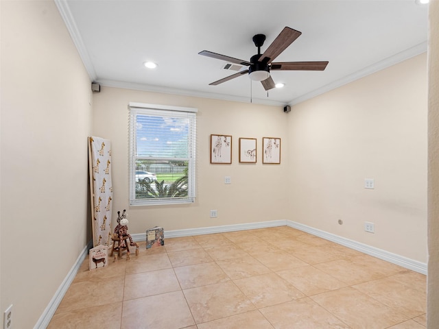 empty room featuring baseboards, light tile patterned flooring, recessed lighting, ornamental molding, and a ceiling fan