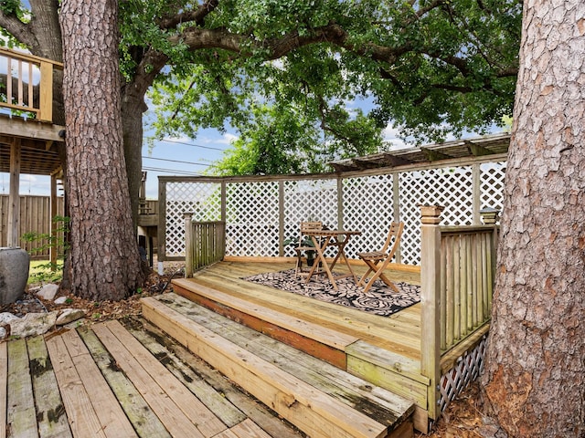 wooden terrace featuring fence