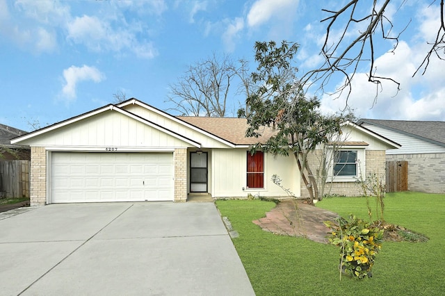 ranch-style house featuring a garage and a front yard