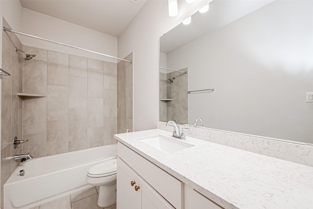 bathroom featuring shower / tub combination, vanity, toilet, and tile patterned floors