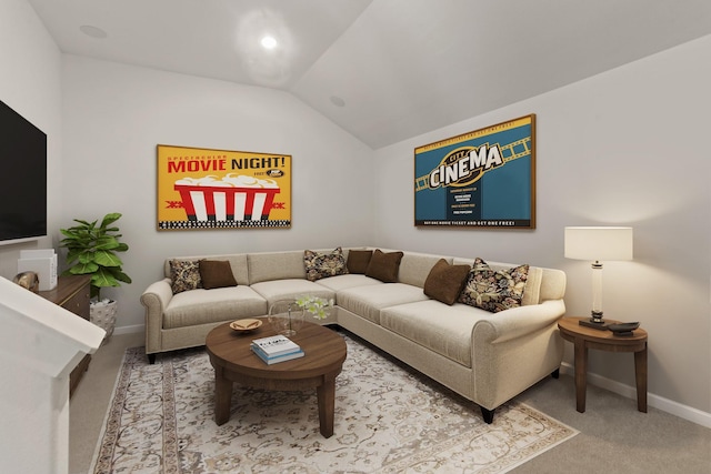 carpeted living room featuring lofted ceiling