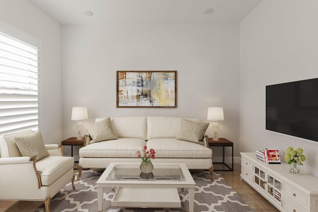 living room with dark wood-type flooring