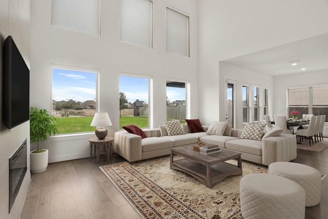 living room featuring hardwood / wood-style flooring and a towering ceiling