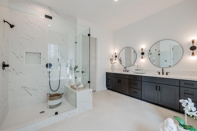 310 E 27th St, Houston, TX 77008 - full bathroom featuring a marble finish shower, a sink, and double vanity