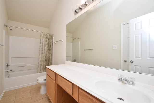 full bathroom with vanity, shower / tub combo, tile patterned floors, and toilet