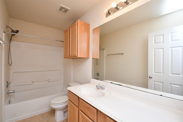 full bathroom with tile patterned floors, vanity, toilet, and washtub / shower combination