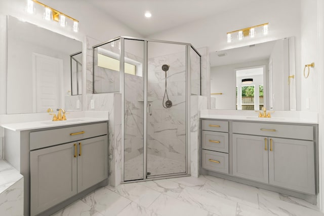 bathroom with vanity and walk in shower