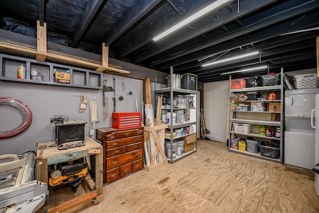 basement with a workshop area