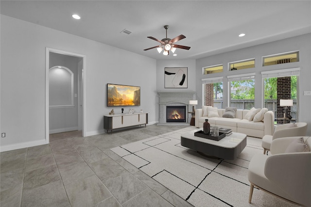 living room featuring ceiling fan