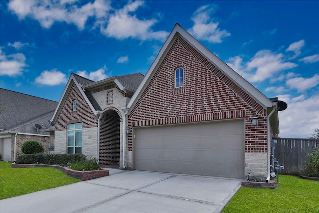 view of front of property featuring a garage and a front lawn