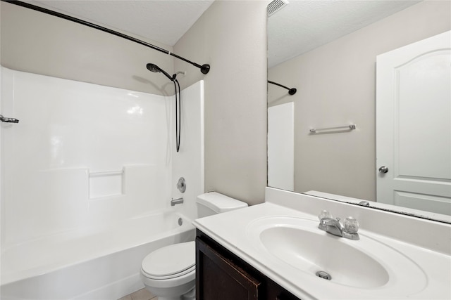 bathroom featuring visible vents, shower / bath combination, toilet, vanity, and a textured ceiling