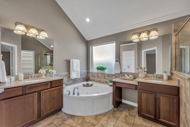 bathroom featuring plus walk in shower, lofted ceiling, tile patterned floors, and vanity