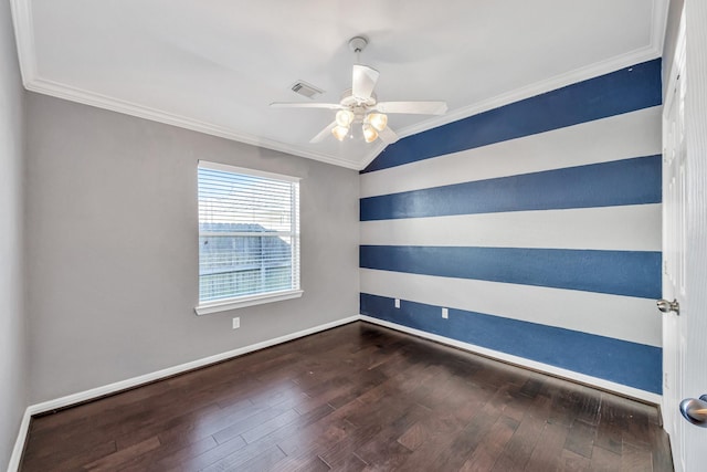 unfurnished room featuring dark hardwood / wood-style flooring, vaulted ceiling, ornamental molding, and ceiling fan