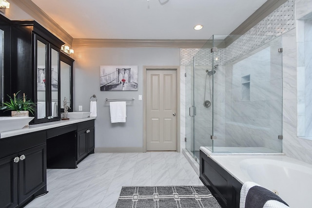 bathroom with vanity, ornamental molding, and shower with separate bathtub