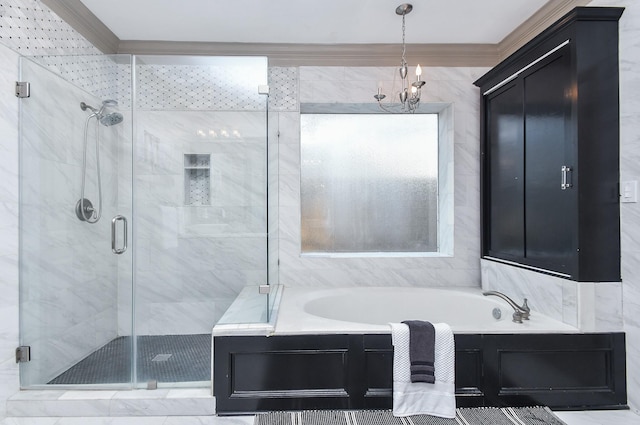 bathroom with an inviting chandelier, ornamental molding, and plus walk in shower