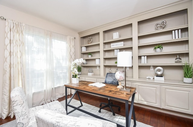 home office with dark wood-type flooring