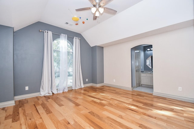 bonus room with vaulted ceiling, ceiling fan, and light hardwood / wood-style floors