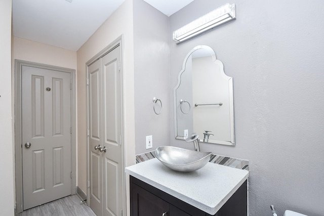 bathroom with hardwood / wood-style flooring and vanity