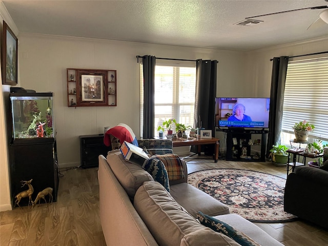 living room featuring hardwood / wood-style flooring, crown molding, and a textured ceiling