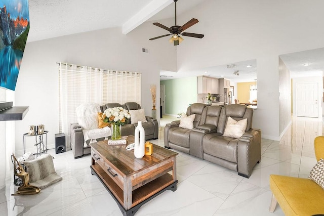 living room featuring ceiling fan, high vaulted ceiling, and beamed ceiling