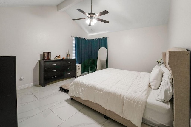 bedroom with vaulted ceiling with beams and ceiling fan