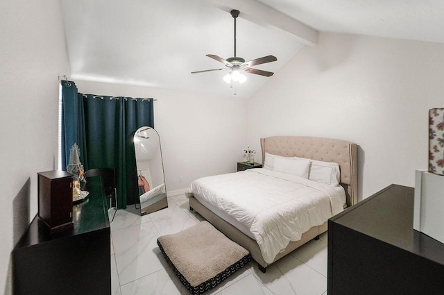 bedroom with lofted ceiling with beams and ceiling fan